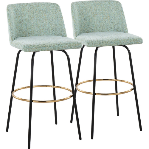 Toriano 30" Swivel Bar Stool in Light Green Fabric & Black Metal w/ Round Gold Footrest (Set of 2)